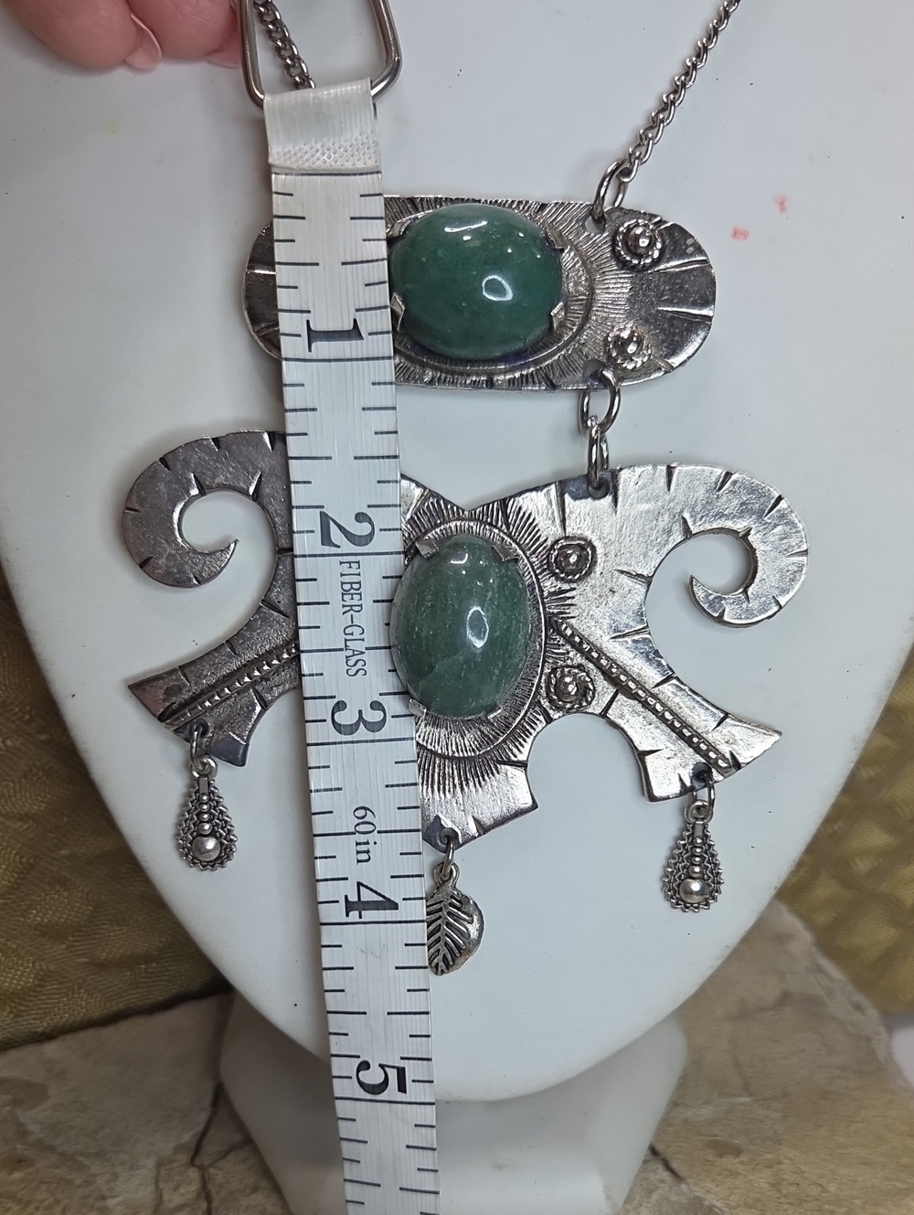 Silver-Tone Genuine Green Jade Stone Statement Necklace - Picture 6 of 10